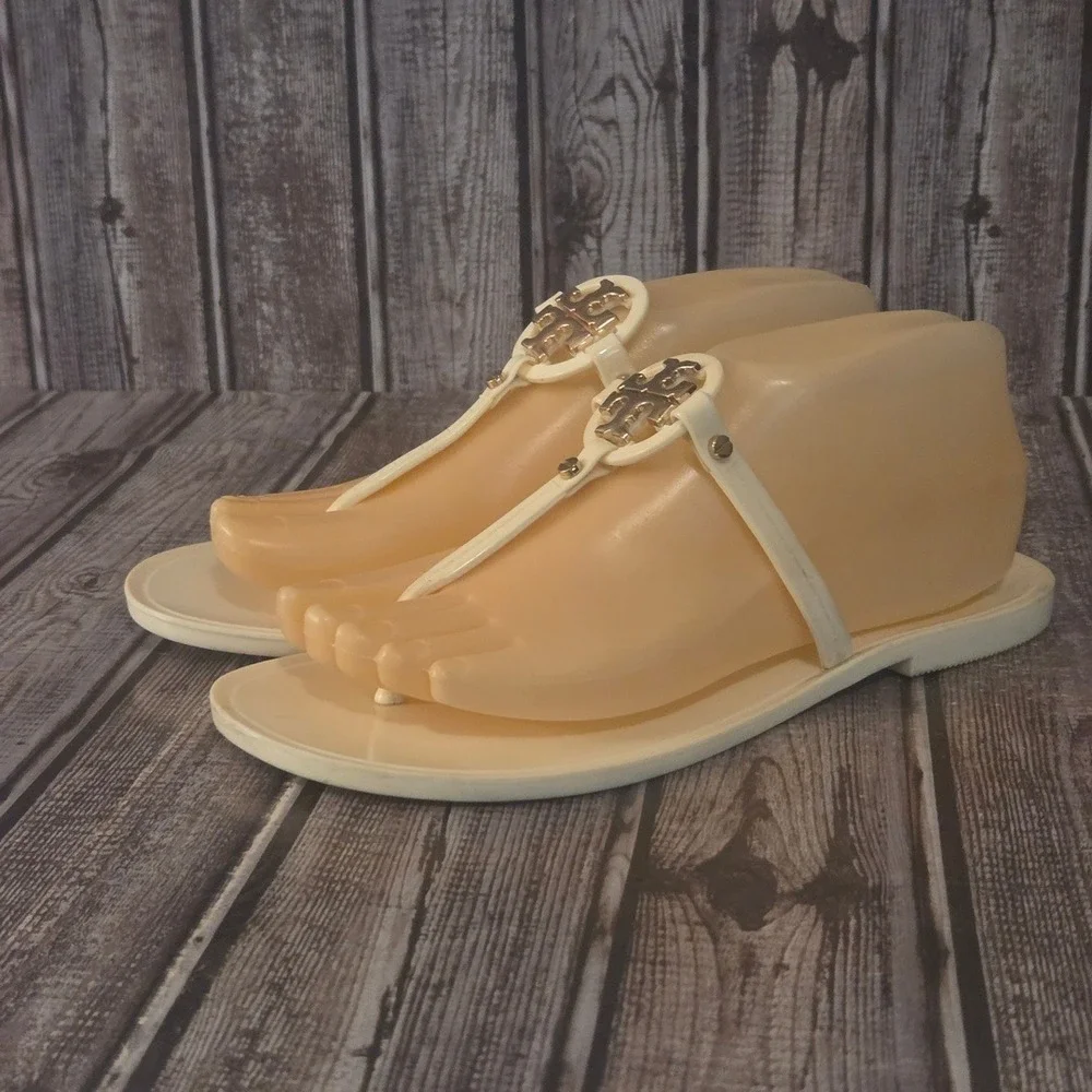 Sz 7 Womens Tory Burch Mini Miller Jelly  Ivory Cream Gold Logo Thong Sandals